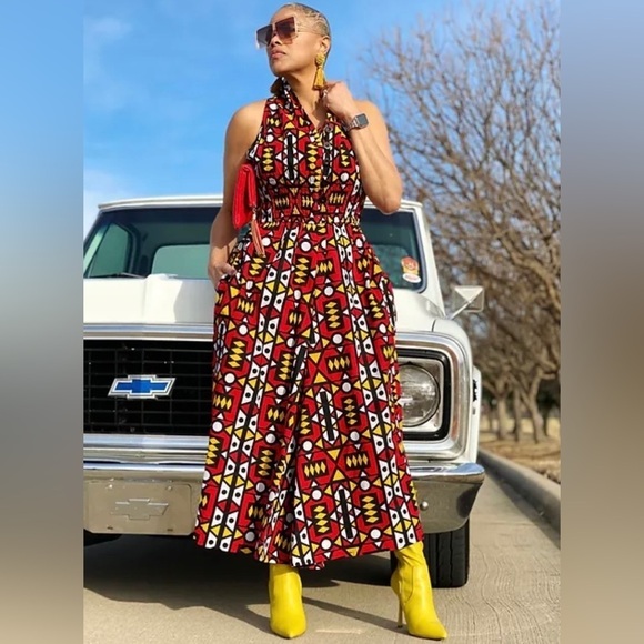 NEW Kara Chic NF Ankara Print Dramatic Wide Leg Halter Tank Collared Jumpsuit - Picture 1 of 11